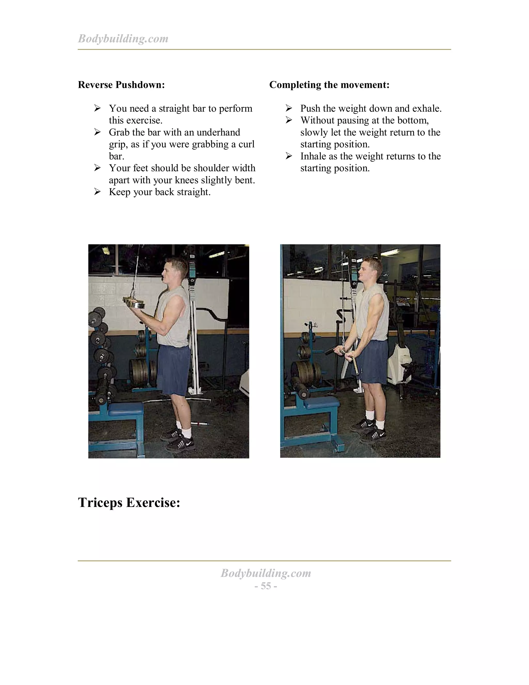 Bodybuilding.com
Bodybuilding.com
- 55 -
Reverse Pushdown:
! You need a straight bar to perform
this exercise.
! Grab the bar with an underhand
grip, as if you were grabbing a curl
bar.
! Your feet should be shoulder width
apart with your knees slightly bent.
! Keep your back straight.
Completing the movement:
! Push the weight down and exhale.
! Without pausing at the bottom,
slowly let the weight return to the
starting position.
! Inhale as the weight returns to the
starting position.
Triceps Exercise:
 