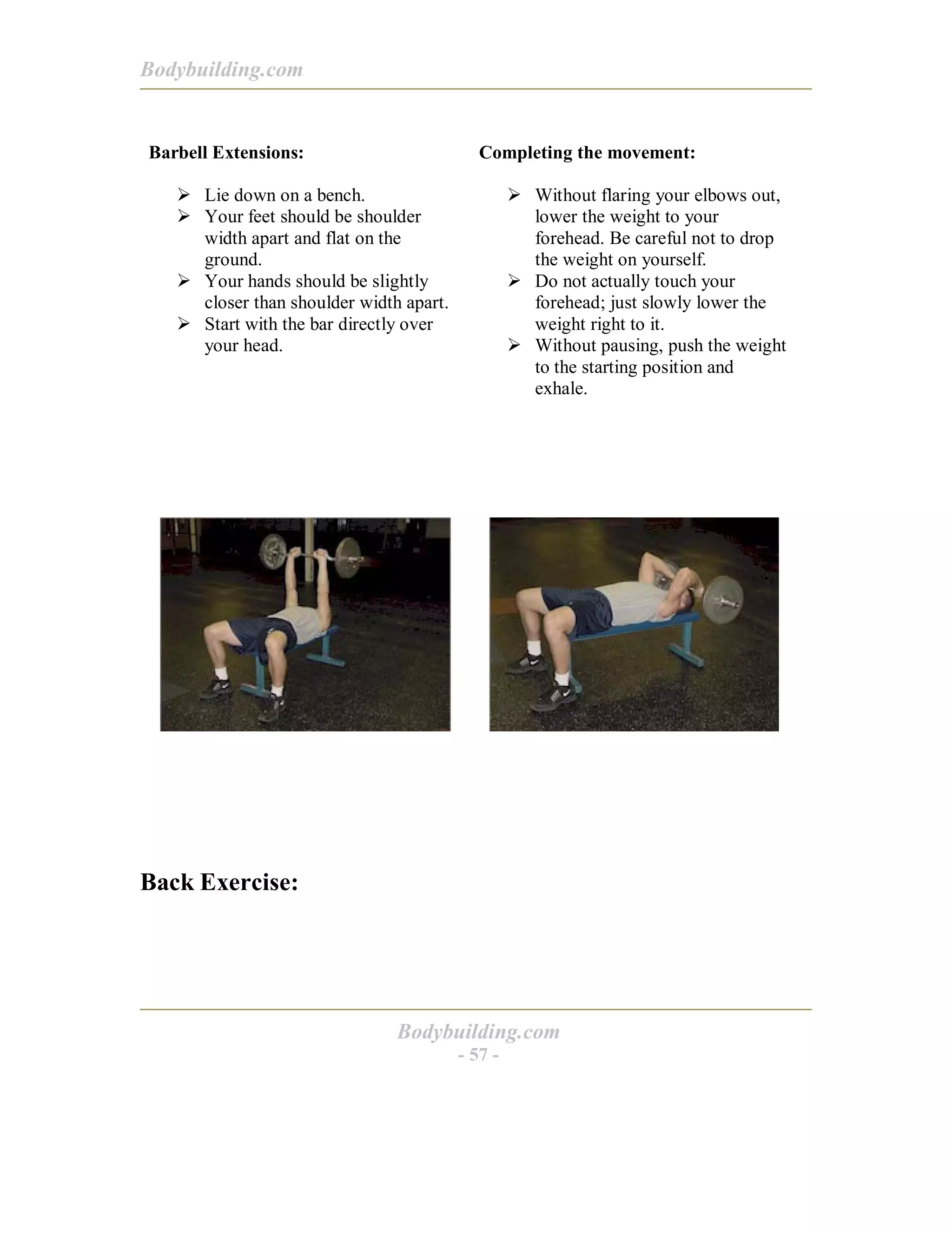 Bodybuilding.com
Bodybuilding.com
- 57 -
Barbell Extensions:
! Lie down on a bench.
! Your feet should be shoulder
width apart and flat on the
ground.
! Your hands should be slightly
closer than shoulder width apart.
! Start with the bar directly over
your head.
Completing the movement:
! Without flaring your elbows out,
lower the weight to your
forehead. Be careful not to drop
the weight on yourself.
! Do not actually touch your
forehead; just slowly lower the
weight right to it.
! Without pausing, push the weight
to the starting position and
exhale.
Back Exercise:
 