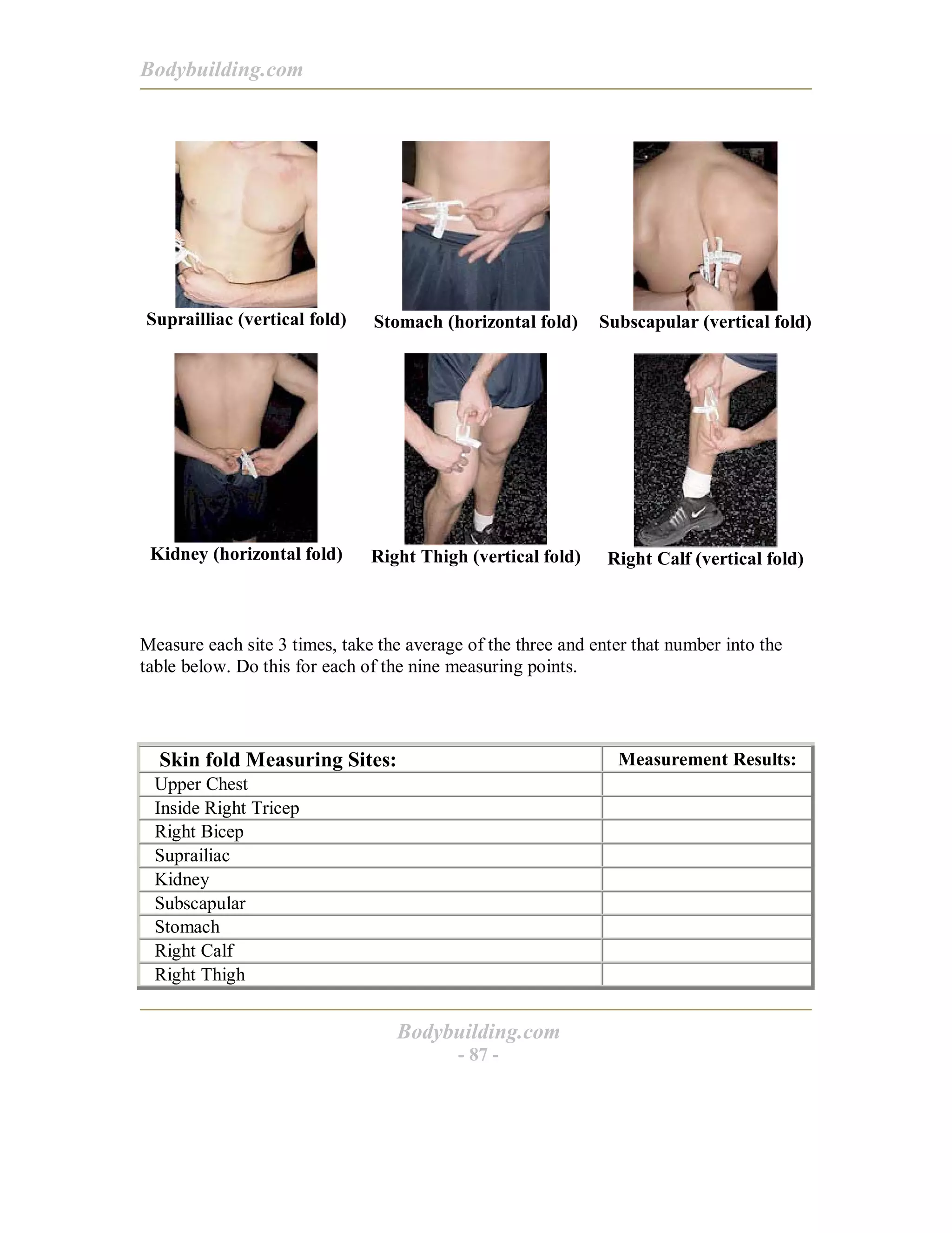 Bodybuilding.com
Bodybuilding.com
- 87 -
Suprailliac (vertical fold) Stomach (horizontal fold) Subscapular (vertical fold)
Kidney (horizontal fold) Right Thigh (vertical fold) Right Calf (vertical fold)
Measure each site 3 times, take the average of the three and enter that number into the
table below. Do this for each of the nine measuring points.
Skin fold Measuring Sites: Measurement Results:
Upper Chest
Inside Right Tricep
Right Bicep
Suprailiac
Kidney
Subscapular
Stomach
Right Calf
Right Thigh
 