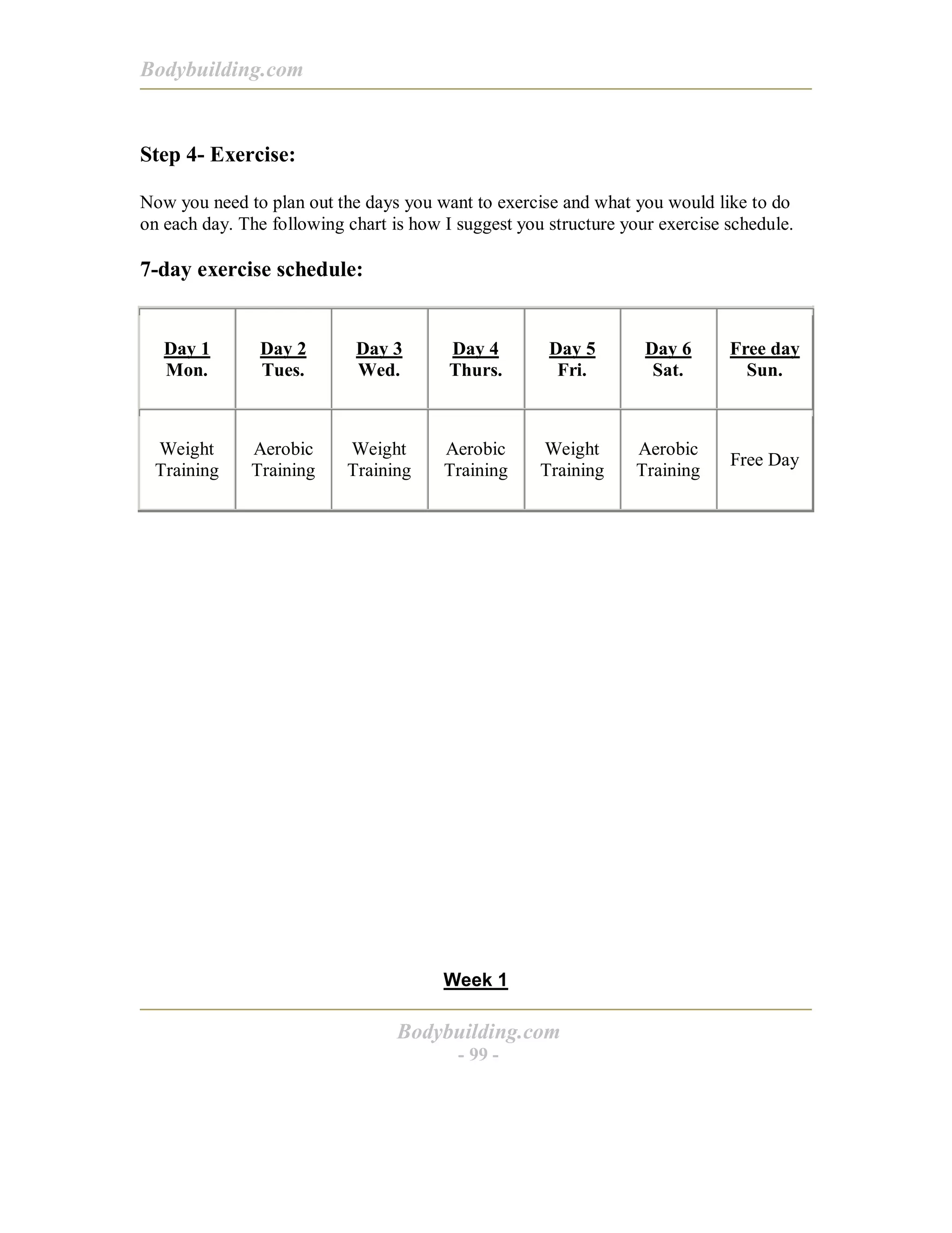 Bodybuilding.com
Bodybuilding.com
- 99 -
Step 4- Exercise:
Now you need to plan out the days you want to exercise and what you would like to do
on each day. The following chart is how I suggest you structure your exercise schedule.
7-day exercise schedule:
Day 1
Mon.
Day 2
Tues.
Day 3
Wed.
Day 4
Thurs.
Day 5
Fri.
Day 6
Sat.
Free day
Sun.
Weight
Training
Aerobic
Training
Weight
Training
Aerobic
Training
Weight
Training
Aerobic
Training
Free Day
Week 1
 