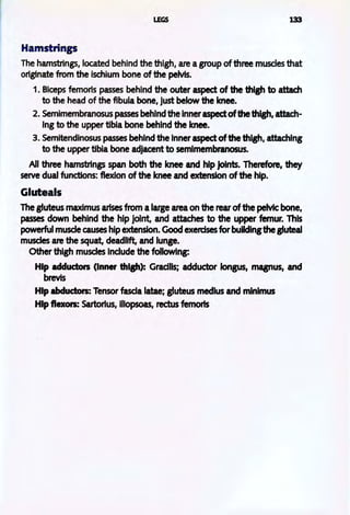 LEGS 133
Hamstrings
The hamstrings, located behind the thigh, are agroup ofthree muscles that
originate from the ischium bone of the pelvis.
1. Biceps femoris passes behind the outer aspect of the thigh to attach
to the head of the fibula bone, just below the knee.
2. Semimembranosus passes behind the inneraspectofthethigh, attach-
ing to the upper tibia bone behind the knee.
3. Semitendinosus passes behInd the Inneraspectofthe thigh, attaching
to the upper tibia bone adjacent to semimembranosus.
All three hamstrings span both the knee and hlp joints. Therefore, they
serve dual functions: flexion of the knee and extension ofthe hlp.
Gluteals
The gluteus maximus arises from alarge area on the rearofthe peMc bone,
passes down behind the hip joint, and attaches to the upper femur. This
powerful muscle causes hlp extension. Good exercisesforbuildingthegluteal
muscles are the squat, deadllft, and lunge.
Other thigh muscles Indude the following:
Hlp adductors (Inner thl&ll): Gracilis; adductor longus, magnus, and
brevis
Hlp abductors: Tensor fascia latae; gluteus medius and mlnimus
Hlp flexors: Sartorius, Iliopsoas, rectus femoris
 
