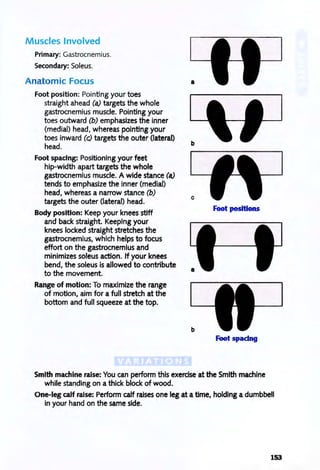 Muscles Involved
Primary: Gastrocnemius.
Secondary: Soleus.
Anatomic Focus
Foot position: Pointing your toes
straight ahead (a) targets the whole
gastrocnemius muscle. Pointing your
toes outward (b) emphasizes the inner
(medial) head, whereas pointing your
toes inward (c) targets the outer (lateral)
head.
Foot spacing: Positioning your feet
hip-Width apart targets the whole
gastrocnemius muscle. A wide stance (a)
tends to emphasize the inner (medial)
head, whereas a narrow stance (b)
targets the outer (lateral) head.
Body position: Keep your knees stiff
and back straight. Keeping your
knees locked straight stretches the
gastrocnemius, which helps to focus
effort on the gastrocnemius and
minimizes soleus action. If your knees
bend, the soleus is allowed to contribute
to the movement.
Range of motion: To maximize the range
of motion, aim for a full stretch at the
bottom and full squeeze at the top.
a
c
Foot posHions
b
Foot spadng
Smith machine raise: You can perform this exerdse at the Smith machine
while standing on a thick block of wood.
One-leg calf raise: Perform calf raises one leg at a time, holding a dumbbell
in your hand on the same side.
153
 