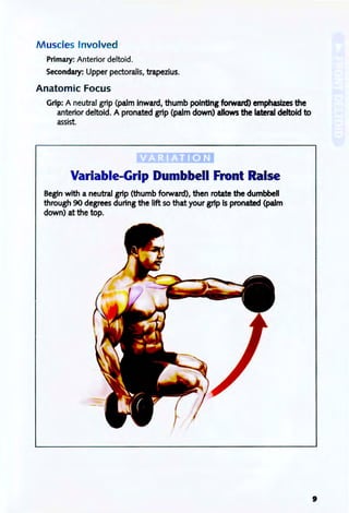 M uscles Involved
Primary: Anterior deltoid.
Secondary: Upper pectoralis, trapezius.
Anatomic Focus
Grip: A neutral grip (palm inward, thumb pointing forward> emphasizes the
anterior deltoid. A pronated grip (palm down) allows the lateral deltoid to
assist.
Variable-Grip Dumbbell Front Raise
Begin with a neutral grip (thumb forward), then rotate the dumbbell
through 90 degrees during the lift so that your grip is pronated (palm
down) at the top.
9
 