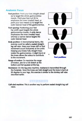 Anatomic Focus
Foot position: Point your toes straight ahead
(a) to target the whole gastrocnemius
muscle. Point your toes out (b) to
emphasize the inner (medial) head, or
pOint your toes inward (c) to target the
outer (lateral) head of the gastrocnemius. a
Foot spacing: Positioning your feet
hip-width apart targets the whole
gastrocnemius muscle. A wide stance
emphasizes the inner (medial) head,
whereas a narrow stance targets the
outer (lateral) head.
Body position: In biomechanical terms, this
exercise could be called a seated straight-
leg calf raise. Keep your knees stiff so that
movement occurs exclusively at the ankle.
Keeping your knees fully straight helps
isolate the gastrocnemius. A slight bend at
the knees allows the soleus to contribute
to the movement.
Range of motion: To maximize the range
of motion, aim for a full stretch at the
bottom and full squeeze at the top.
c
Foot positions
Resistance: On the leg press machine, resistance is transmitted through
the footplate. Since the knees are held straight and the torso Is bent at
90 degrees to your legs, this exercise is similar to the donkey calf raise
described earlier.
Calf-sled machine: This is another way to perform seated straight-leg calf
raises.
157
 
