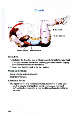 Cr
Rectus abdomlnls
Serratus anterior External oblique
Execution
1. Lie flat on the floor, hips bent at 90 degrees, with hands behind your head.
2. Raise your shoulders off the floor, crunching your chest forward, keeping
your lower back in contact with the floor.
3. Lower your shoulders back to the start position.
Muscles Involved
Primary: Rectus abdominis (upper).
Secondary: Obliques.
Anatomic Focus
Hand position: You may position your hands at your sides or across your
chest, or you may interlock them behind your head. As your hands
shift position from your sides to your chest to your head, the resistance
increases.
166
 