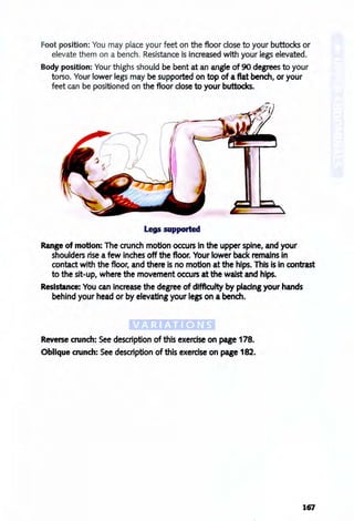 Foot position: You may place your feet on the floor close to your buttocks or
elevate them on a bench. Resistance is increased with your legs elevated.
Body position: Your thighs should be bent at an angle of 90 degrees to your
torso. Your lower legs may be supported on top of a flat bench, or your
feet can be positioned on the floor close to your buttocks.
Legs supported
Range of motion: The crunch motion occurs In the upper spine, and your
shoulders rise a few inches off the floor. Your lower back remains in
contact with the floor, and there is no motion at the hips. this is In contrast
to the sit-up, where the movement occurs at the waist and hips.
Resistance: You can increase the degree of difficulty by placing your hands
behind your head or by elevating your legs on a bench.
Reverse crunch: See description of this exerdse on page 178.
Oblique crunch: See description of this exercise on page 182.
167
 