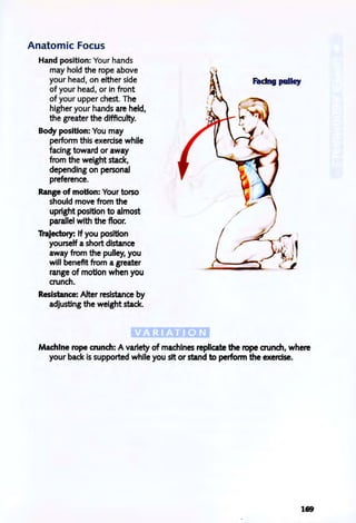 Anatomic Focus
Hand position: Your hands
may hold the rope above
your head, on either side
of your head, or in front
ofyourupperche~. The
higher your hands are held,
the greater the difficulty.
Body position: You may
perform this exercise while
facing toward or away
from the weight ~ck,
depending on personal
preference.
Range of motion: Your torso
should move from the
upright position to a1mo~
parallel with the floor.
Trajectory: If you position
yourself a short distance
away from the pulley, you
will benefit from a greater
range of motion when you
crunch.
Resistance: Alter resl~ce by
adjusting the weight stack.
Facing pulley
Machine rope crunch: A variety of machines replicate the rope crunch, where
your back is supported while you sit or stand to perform the exercise.
169
 