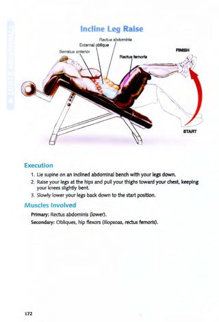 Incline L g •
Ise
Rectus abdominfs
External oblique
START
Execution
1. Lie supine on an inclined abdominal bench with your legs down.
2. Raise your legs at the hips and pull your thighs toward your chest, keeping
your knees slightly bent.
3. Slowly lower your legs back down to the start position.
Muscles Involved
Primary: Rectus abdominis (lower).
Secondary: Obliques, hip flexors (iliopsoas, rectus femoris).
172
 