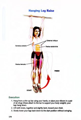 n i g Leg Raise
Rectus abdomlnls
Rectus femoris
FINSH
Execution
1. Hang from a chin-up bar using your hands, or place your elbows in a pair
of ab slings (these attach to the bar to support your body weight); your
legs hang down.
2. Lift both knees, together and slightly bent, toward your chest.
3. Slowly lower your legs back down to the start position without swinging.
174
 