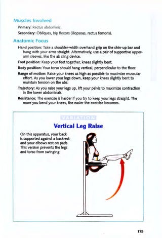 Muscles Involved
Primary: Rectus abdominis.
Secondary: Obliques, hip flexors (iliopsoas, rectus femoris).
Anatomic Focus
Hand position: Take a shoulder-width overhand grip on the chin-up bar and
hang with your arms straight. Altematively, use a pair of supportive upper-
arm sleeves, like the ab sling device.
Foot position: Keep your feet together, knees slightly bent.
Body position: Your torso should hang vertical, perpendicular to the floor.
Range of motion: Raise your knees as high as possible to maximize muscular
effort. As you lower your legs down, keep your knees slightly bent to
maintain tension on the abs.
Trajectory: As you raise your legs up, lift your pelvis to maximize contraction
in the lower abdominals.
Resistance: The exercise is harder if you try to keep your legs straight. The
more you bend your knees, the easier the exercise becomes.
Vertical Leg Raise
On this apparatus, your back
is supported against a backrest
and your elbows rest on pads.
This version prevents the legs
and torso from swinging.
175
 