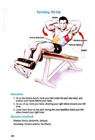 Twis eng Si -
Rectus abdomlnis
Execution
- :-tElrrHllUS anterior
ExlamaJ otJ.~J
START
1. Sit on the decline bench, hook your feet under the pad, lean back, and
position your hands behind your head.
2. As you sit up, twist your torso, directing your right elbow toward your left
knee.
3. Lower back down to the start; during the next repetition direct your left
elbow toward your right knee.
Muscles Involved
Primary: Rectus abdominis, obliques.
Secondary: Serratus anterior, hip flexors.
180
 