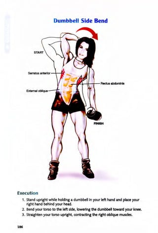 Dumbbell Side Bend
Serratus anterior --t---t~
_ ...~-tt---t- Rectus abdomlnls
External oblique
Execution
1. Stand upright while holding a dumbbell in your left hand and place your
right hand behind your head.
2. Bend your torso to the left side, lowering the dumbbell toward your knee.
3. Straighten your torso upright, contracting the right oblique muscles.
186
 