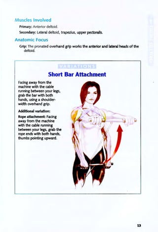 Muscles Involved
Primary: Anterior deltoid.
Secondary: Lateral deltoid, trapezius, upper pectoralis.
Anatomic Focus
Grip: The pronated overhand grip works the anterior and lateral heads of the
deltoid.
Short Bar Attachment
Facing away from the
machine with the cable
running between your legs,
grab the bar with both
hands, using a shoulder-
width overhand grip.
Additional variation:
Rope attachment: Facing
away from the machine
with the cable running
between your legs, grab the
rope ends with both hands,
thumbs pointing upward.
13
 