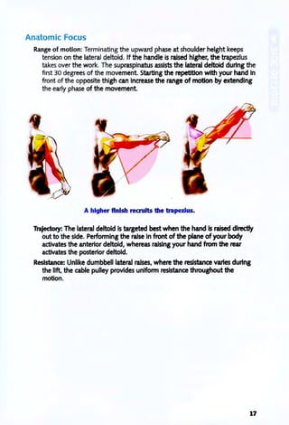 Anatomic Focus
Range of motion: Terminating the upward phase at shoulder height keeps
tension on the lateral deltoid. If the handle is raised higher, the trapezius
takes over the work. The supraspinatus assists the lateral deltoid during the
first 30 degrees of the movement. Starting the repetition with your hand In
front of the opposite thigh can increase the range of motion by extending
the early phase of the movement.
A higher finish recruits the trapezius.
Trajectory: The lateral deltoid is targeted best when the hand Is raised directly
out to the side. Performing the raise in front of the plane of your body
activates the anterior deltoid, whereas raising your hand from the rear
activates the posterior deltoid.
Resistance: Unlike dumbbell lateral raises, where the resistance varies during
the lift, the cable pulley provides uniform resistance throughout the
motion.
17
 