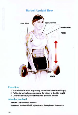 Barbell Uprig tRow
Lateral deltoid Upper pectorals
Anterior deltoid
FINISH
Execution
1. Hold a barbell at arms' length using an overhand shoulder-width grip.
2. Pull the bar vertically upward, raising the elbows to shoulder height.
3. Lower the bar slowly down to the arms' extended position.
M uscles Involved
Primary: Lateral deltoid, trapezius.
Secondary: Anterior deltoid, supraspinatus, Infraspinatus, teres minor.
20
 