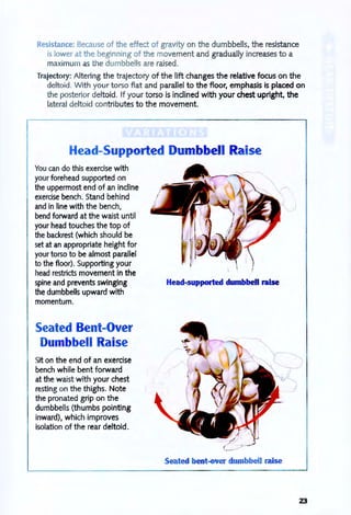 Resistance: Because of the effect of gravity on the dumbbells, the resistance
is lower at the beginning of the movement and gradually increases to a
maximum as the dumbbells are raised.
Trajectory: Altering the trajectory of the lift changes the relative focus on the
deltoid. With your torso flat and parallel to the floor, emphasis is placed on
the posterior deltoid. If your torso is inclined with your chest upright, the
lateral deltoid contributes to the movement.
Head-Supported Dumbbell Raise
You can do this exercise with
your forehead supported on
the uppermost end of an incline
exercise bench. Stand behind
and in line with the bench,
bend forward at the waist until
your head touches the top of
the backrest (which should be
set at an appropriate height for
your torso to be almost parallel
to the floor). Supporting your
head restricts movement in the
spine and prevents swinging
the dumbbells upward with
momentum.
Seated Bent-Over
Dumbbell Raise
Sit on the end of an exercise
bench while bent forward
at the waist with your chest
resting on the thighs. Note
the pronated grip on the
dumbbells (thumbs pointing
inward), which improves
isolation of the rear deltoid.
Head-supported dumbbell raise
Seated bent-over dumbbell raise
23
 