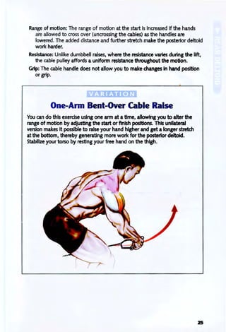 Range of motion: The range of motion at the start is increased if the hands
are allowed to cross over (uncrossing the cables) as the handles are
lowered. The added distance and further stretch make the posterior deltoid
work harder.
Resistance: Unlike dumbbell raises, where the resistance varies during the 11ft,
the cable pulley affords a uniform resistance throughout the motion.
Grip: The cable handle does not allow you to make changes In hand position
or grip.
One-Arm Bent-Over Cable Raise
You can do this exercise using one arm at atime, allowing you to alter the
range of motion by adjusting the start or finish positions. This unilateral
version makes it possible to raise your hand higher and get a longer sbetch
at the bottom, thereby generating more work for the posterior deltoid.
Stabilize your torso by resting your free hand on the thigh.
as
 