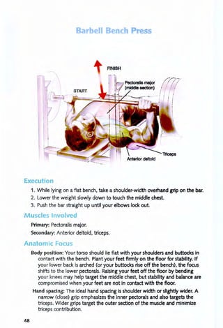 Barbell Bench Pr ss
FINISH
Execution
1. While lying on a flat bench, take a shoulder-width overhand grip on the bar.
2. Lower the weight slowly down to touch the middle chest.
3. Push the bar straight up until your elbows lock out.
Muscles Involved
Primary: Pectoralis major.
Secondary: Anterior deltoid, triceps.
Anatomic Focus
48
Body position: Your torso should lie flat with your shoulders and buttocks in
contact with the bench. Plant your feet firmly on the floor for stability. If
your lower back is arched (or your buttocks rise off the bench), the focus
shifts to the lower pectorals. Raising your feet off the floor by bending
your knees may help target the middle chest, but stability and balance are
compromised when your feet are not in contact with the floor.
Hand spacing: The ideal hand spacing is shoulder width or slightly wider. A
narrow (close) grip emphasizes the inner pectorals and also targets the
triceps. Wider grips target the outer section of the muscle and minimize
triceps contribution.
 