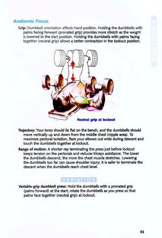 Anatomic Focus
Grip: Dumbbell orientation affects hand position. Holding the dumbbells with
palms facing forward (pronated grip) provides more stretch as the weight
is lowered to the start position. Holding the dumbbells with palms facing
together (neutral grip) allows a better contraction in the lockout position.
Neutral grip at lockout
Trajectory: Your torso should lie flat on the bench, and the dumbbells should
move vertically up and down from the middle chest (nipple area). To
maximize pectoral isolation, flare your elbows out wide during descent and
touch the dumbbells together at lockout.
Range of motion: A shorter rep terminating the press just before lockout
keeps tension on the pectorals and reduces triceps assistance. The lower
the dumbbells descend, the more the chest muscle stretches. Lowering
the dumbbells too far can cause shoulder injury; it is safer to terminate the
descent when the dumbbells reach chest level.
Variable-grip dumbbell press: Hold the dumbbells with a pronated grip
(palms forward) at the start; rotate the dumbbells as you press so that
palms face together (neutral grip) at lockout.
51
 