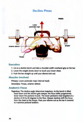 Dec· e ress
FINISH
Anterior deltoid -f-- -+---
Execution
1. lie on a decline bench and take a shoulder-width overhand grip on the bar.
2. Lower the weight slowly down to touch your lower chest.
3. Push the bar straight up until your elbows lock out.
Muscles Involved
Primary: Lower pectoralis major (sternal head).
Secondary: Triceps, anterior deltoid.
Anatomic Focus
56
Trajectory: The decline angle determines trajectory. As the bench is tilted
head-down and the decline gets steeper, the focus shifts progressively
lower down the pectoral muscle. The lower pectoral is best targeted at a
decline of 20 to 40 degrees to the floor. Steeper declines shift the focus
from the chest to the triceps. Flare your elbows out as the bar is lowered
to maximize pectoral isolation.
 
