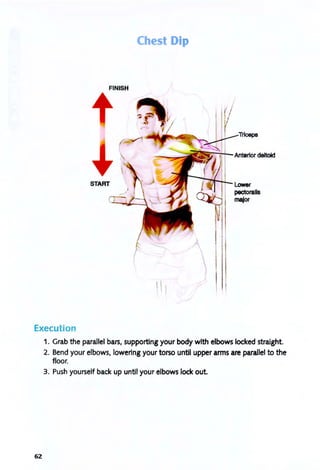 Chest Dip
FINISH
Triceps
Anterior deltoid
START
Execution
62
1. Grab the parallel bars, supporting your body with elbows locked straight.
2. Bend your elbows, lowering your torso until upper arms are parallel to the
floor.
3. Push yourself back up until your elbows lock out
 