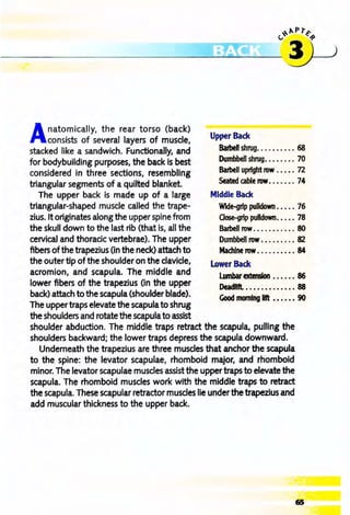 ------------------------------------~~~~~---~~~ )
Anatomically, the rear torso (back)
consists of several layers of muscle,
stacked like a sandwich. Functionally, and
for bodybuilding purposes, the back is best
considered in three sections, resembling
triangular segments of a quilted blanket.
The upper back is made up of a large
triangular-shaped muscle called the trape-
zius. It originates alongthe upper spine from
the skull down to the last rib (that is, all the
cervical and thoracic vertebrae). The upper
fibers of the trapezius (in the neck) attach to
the outertip of the shoulder on the clavicle,
acromion, and scapula. The middle and
lower fibers of the trapezius (in the upper
back) attach to the scapula (shoulder blade).
The uppertraps elevate the scapulato shrug
the shoulders and rotate the scapulato assist
Upper Back
Barbell shrug••..••.••• 68
Dumbbell shrug. •••••.• 70
Barbell upright row ••••• n
Seated cable row•...... 74
Middle Back
Wide-gr1p pulldown ••••. 76
Oose-grip pulldown. . . •• 78
Barbell row ••. . •••. ••. 80
Dumbbell row •••••••. • 82
Machine row •... .. •••• 84
Lower Back
Lumbar extension •. •••• 86
DeadHft. ••••••••••••• 88
Good morning 1ft •••••• 90
shoulder abduction. The middle traps retract the scapula, pulling the
shoulders backward; the lower traps depress the scapula downward.
Underneath the trapezius are three muscles that anchor the scapula
to the spine: the levator scapulae, rhomboid major, and rhomboid
minor. The levator scapulae muscles assist the uppertraps to elevate the
scapula. The rhomboid muscles work with the middle traps to retract
the scapula. These scapular retractor muscles lie underthe trapezius and
add muscular thickness to the upper back.
 