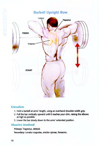 Barbell Upright o
Trapezius
FINISH 
scapula~J
START
Execution
1. Hold a barbell at arms' length, using an overhand shoulder-width grip.
2. Pull the bar vertically upward until it reaches your chin, raising the elbows
as high as possible.
3. lower the bar slowly down to the arms' extended position.
Muscles Involved
Primary: Trapezius, deltoid.
Secondary: levator scapulae, erector spinae, forearms.
72
 