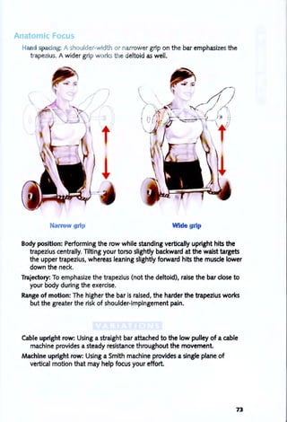 A
Hand paci g: A shoulder-width or narrower grip on the bar emphasizes the
trapezius. A wider grip worksthe deltoid as well.
Narrow 9 ip Wide grip
Body position: Performing the row while standing vertically upright hits the
trapezius centrally. Tilting your torso slightly backward at the waist targets
the upper trapezius, whereas leaning slightly forward hits the muscle lower
down the neck.
Trajectory: To emphasize the trapezius (not the deltoid), raise the bar close to
your body during the exercise.
Range of motion: The higher the bar is raised, the harder the trapezius works
but the greater the risk of shoulder-impingement pain.
Cable upright row: Using a straight bar attached to the low pulley of a cable
machine provides a steady resistance throughout the movement.
Machine upright row: Using a Smith machine provides a single plane of
vertical motion that may help focus your effort.
73
 