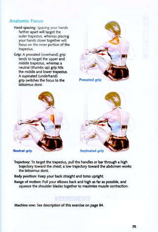 Anatomic Focus
Hand spacing: Spacing your hands
farther apart will target the
outer trapezius, whereas placing
your hands closer together will
focus on the inner portion of the
trapezius.
Grip: A pronated (overhand) grip
tends to target the upper and
middle trapezius, whereas a
neutral (thumbs up) grip hits
the middle and lower trapezius.
A supinated (underhand)
grip switches the focus to the
latissimus dorsi.
Neutral grip
Pronated grip
Supinated grip
Trajectory: To target the trapezius, pull the handles or bar through a high
trajectory toward the chest; a low trajectory toward the abdomen works
the latissimus dorsi.
Body position: Keep your back straight and torso upright.
Range of motion: Pull your elbows back and high as far as possible, and
squeeze the shoulder blades together to maximize muscle contraction.
Machine row: See description of this exercise on page 84.
75
 