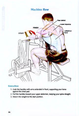 Mach- e
Execution
84
1. Grab the handles with arms extended in front, supporting your torso
against the chest pad.
2. Pull the handles toward your upper abdomen, keeping your spine straight.
3. Return the weight to the start position.
 