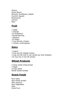 Onions
Green Beans
Broccoli, Cauliflower, Radish
Zucchini Squash
Mushrooms
Carrots
Peas
Fruit
1 Apple
1 Orange
1/2 Grapefruit
3 Small Apricots
1 Banana
1/4 Melon
1-Cup Berries, Grapes
1 mango, small papaya
Dairy
1 yogurt
1-Cup low fat cottage cheese
1-Cup non-fat milk (I use vanilla soy milk instead!)
1/2 Cup non or low fat cheese
Wheat Products
2 slices whole wheat bread
1 bagel
2-Cups pasta
Whole wheat tortillas
Snack Foods
Rice cakes
Non-wheat cereals
Plain popcorn
Raw Vegetables
Nuts
Dried Fruit
 