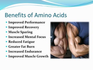 Benefits of Amino Acids
 Improved Performance
 Improved Recovery
 Muscle Sparing
 Increased Mental Focus
 Reduced Fatigue
 Greater Fat Burn
 Increased Endurance
 Improved Muscle Growth
 