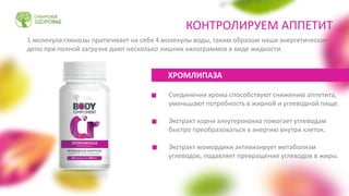 Соединения хрома способствуют снижению аппетита,
уменьшают потребность в жирной и углеводной пище.
Экстракт корня элеутерококка помогает углеводам
быстро преобразоваться в энергию внутри клеток.
Экстракт момордики активизирует метаболизм
углеводов, подавляет превращение углеводов в жиры.
ХРОМЛИПАЗА
1 молекула глюкозы притягивает на себя 4 молекулы воды, таким образом наши энергетические
депо при полной загрузке дают несколько лишних килограммов в виде жидкости.
КОНТРОЛИРУЕМ АППЕТИТ
 