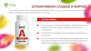 Гуар связывает избытки углеводов и сахара в кишечнике,
подавляет чувство голода, способствует быстрому
насыщению.
Олигохитозан связывает избыток жиров и холестерина в
кишечнике.
Альгинаты ускоряют прохождение пищи через кишечник,
тем самым снижая усвоение избытков пищи, алкоголя и
образование вредных продуктов распада.
АКТИВ ФАЙБЕР
1 кг жира занимает почти вдвое больший объём, чем 1 кг мышц, поэтому сантиметровая лента
более наглядно покажет ваш прогресс, чем весы.
ОГРАНИЧИВАЕМ СЛАДКОЕ И ЖИРНОЕ
 