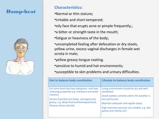Damp-heat 
Characteristics: 
•Normal or thin stature; 
•irritable and short-tempered; 
•oily face that erupts acne or pimple frequently,; 
•a bitter or strength taste in the mouth; 
•fatigue or heaviness of the body; 
•uncompleted feeling after defecation or dry stools, 
yellow urine, excess vaginal discharges in female wet 
scrota in male; 
•yellow greasy tongue coating. 
•sensitive to humid and hot environments; 
•susceptible to skin problems and urinary difficulties. 
 