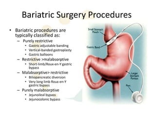 Bariatric Surgery Procedures
• Bariatric procedures are
  typically classified as:
   – Purely restrictive
       • Gastric adjustable banding
       • Vertical-banded gastroplasty
       • Gastric balloons
   – Restrictive >malabsorptive
       • Short-limb/Roux-en-Y gastric
         bypass
   – Malabsorptive> restrictive
       • Biliopancreatic diversion
       • Very long limb Roux-en-Y
         gastric bypass
   – Purely malabsorptive
       • Jejunoileal bypass
       • Jejunocolonic bypass
 