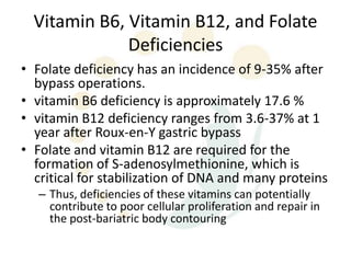 Vitamin B6, Vitamin B12, and Folate
              Deficiencies
• Folate deficiency has an incidence of 9-35% after
  bypass operations.
• vitamin B6 deficiency is approximately 17.6 %
• vitamin B12 deficiency ranges from 3.6-37% at 1
  year after Roux-en-Y gastric bypass
• Folate and vitamin B12 are required for the
  formation of S-adenosylmethionine, which is
  critical for stabilization of DNA and many proteins
   – Thus, deficiencies of these vitamins can potentially
     contribute to poor cellular proliferation and repair in
     the post-bariatric body contouring
 