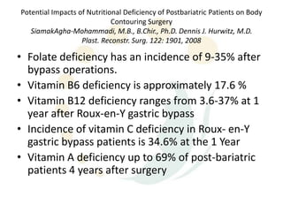 Potential Impacts of Nutritional Deficiency of Postbariatric Patients on Body
                             Contouring Surgery
   SiamakAgha-Mohammadi, M.B., B.Chir., Ph.D. Dennis J. Hurwitz, M.D.
                   Plast. Reconstr. Surg. 122: 1901, 2008

• Folate deficiency has an incidence of 9-35% after
  bypass operations.
• Vitamin B6 deficiency is approximately 17.6 %
• Vitamin B12 deficiency ranges from 3.6-37% at 1
  year after Roux-en-Y gastric bypass
• Incidence of vitamin C deficiency in Roux- en-Y
  gastric bypass patients is 34.6% at the 1 Year
• Vitamin A deficiency up to 69% of post-bariatric
  patients 4 years after surgery
 