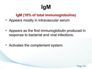 IgM
     IgM (10% of total immunoglobulins)
• Appears mostly in intravascular serum

• Appears as the first immunoglobulin produced in
  response to bacterial and viral infections.

• Activates the complement system.




                                           Page 25
 