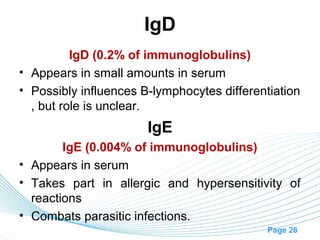 IgD
          IgD (0.2% of immunoglobulins)
• Appears in small amounts in serum
• Possibly influences B-lymphocytes differentiation
  , but role is unclear.
                       IgE
        IgE (0.004% of immunoglobulins)
• Appears in serum
• Takes part in allergic and hypersensitivity of
  reactions
• Combats parasitic infections.
                                             Page 26
 