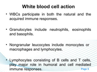 White blood cell action
• WBCs participate in both the natural and the
  acquired immune responses.

• Granulocytes include neutrophils, eosinophils
  and basophils.

• Nongranular leucocytes include monocytes or
  macrophages and lymphocytes.

• Lymphocytes consisting of B cells and T cells,
  play major role in humoral and cell mediated
  immune responses.                      Page 9
 