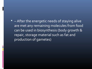  – After the energetic needs of staying alive
are met any remaining molecules from food
can be used in biosynthesis (body growth &
repair, storage material such as fat and
production of gametes)
 