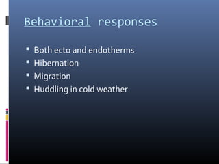 Behavioral responses
 Both ecto and endotherms
 Hibernation
 Migration
 Huddling in cold weather
 