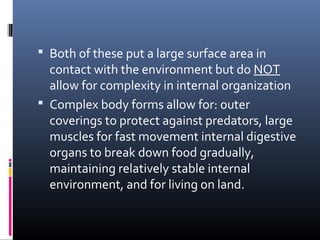  Both of these put a large surface area in
contact with the environment but do NOT
allow for complexity in internal organization
 Complex body forms allow for: outer
coverings to protect against predators, large
muscles for fast movement internal digestive
organs to break down food gradually,
maintaining relatively stable internal
environment, and for living on land.
 