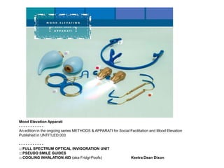 Mood Elevation Apparati
-----------
An edition in the ongoing series METHODS & APPARATI for Social Facilitation and Mood Elevation
Published in UNTITLED 003

-----------
:: FULL SPECTRUM OPTICAL INVIGORATION UNIT
:: PSEUDO SMILE GUIDES
:: COOLING INHALATION AID (aka Fridgi-Poofs)                    Keetra Dean Dixon
 