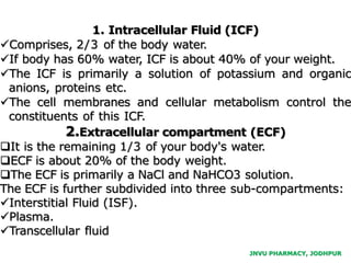 JNVU PHARMACY, JODHPUR
1. Intracellular Fluid (ICF)
Comprises, 2/3 of the body water.
If body has 60% water, ICF is about 40% of your weight.
The ICF is primarily a solution of potassium and organic
anions, proteins etc.
The cell membranes and cellular metabolism control the
constituents of this ICF.
2.Extracellular compartment (ECF)
It is the remaining 1/3 of your body's water.
ECF is about 20% of the body weight.
The ECF is primarily a NaCl and NaHCO3 solution.
The ECF is further subdivided into three sub-compartments:
Interstitial Fluid (ISF).
Plasma.
Transcellular fluid
 