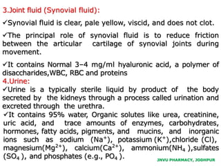 JNVU PHARMACY, JODHPUR
3.Joint fluid (Synovial fluid):
Synovial fluid is clear, pale yellow, viscid, and does not clot.
The principal role of synovial fluid is to reduce friction
between the articular cartilage of synovial joints during
movement.
It contains Normal 3–4 mg/ml hyaluronic acid, a polymer of
disaccharides,WBC, RBC and proteins
4.Urine:
Urine is a typically sterile liquid by product of the body
secreted by the kidneys through a process called urination and
excreted through the urethra.
It contains 95% water, Organic solutes like urea, creatinine,
uric acid, and trace amounts of enzymes, carbohydrates,
hormones, fatty acids, pigments, and mucins, and inorganic
ions such as sodium (Na+
), potassium (K+
),chloride (Cl),
magnesium(Mg2+
), calcium(Ca2+
), ammonium(NH4 ),sulfates
(SO4 ), and phosphates (e.g., PO4 ).
 