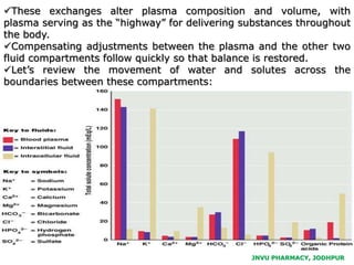 These exchanges alter plasma composition and volume, with
plasma serving as the “highway” for delivering substances throughout
the body.
Compensating adjustments between the plasma and the other two
fluid compartments follow quickly so that balance is restored.
Let’s review the movement of water and solutes across the
boundaries between these compartments:
JNVU PHARMACY, JODHPUR
 