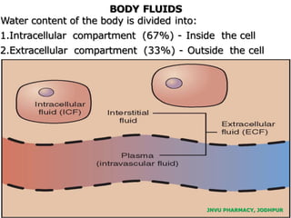 BODY FLUIDS
Water content of the body is divided into:
1.Intracellular compartment (67%) - Inside the cell
2.Extracellular compartment (33%) - Outside the cell
JNVU PHARMACY, JODHPUR
 