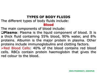 TYPES OF BODY FLUIDS
The different types of body fluids include:
Blood
The main components of blood include:
Plasma: Plasma is the liquid component of blood. It is
a thick fluid containing 55% blood, 90% water, and 8%
proteins. Albumin is the major protein in plasma. Other
proteins include immunoglobulins and clotting factors.
Red Blood Cells: 40% of the blood contains red blood
cells. RBCs contain protein haemoglobin that gives the
red colour to the blood.
JNVU PHARMACY, JODHPUR
 